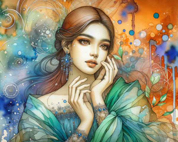 Illustration of a young woman in a teal garment