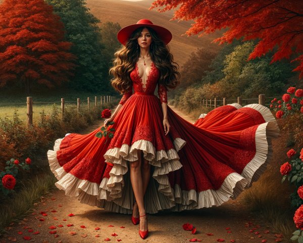 Elegant Woman in Red Dress on Serene Country Path