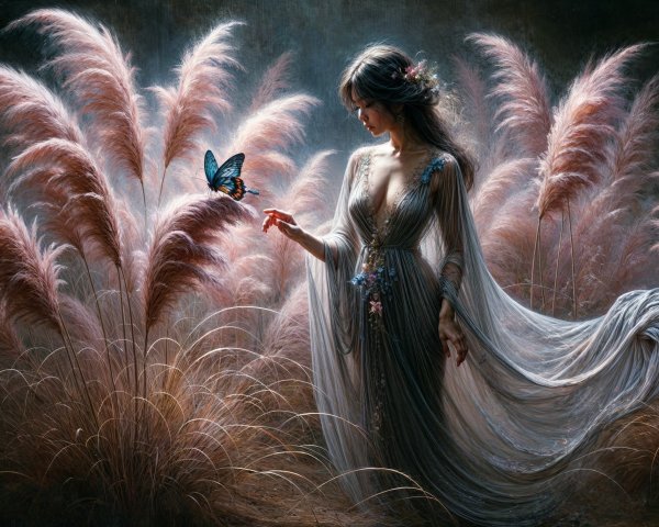 Serene Woman in Flowing Gown Among Feathery Grasses