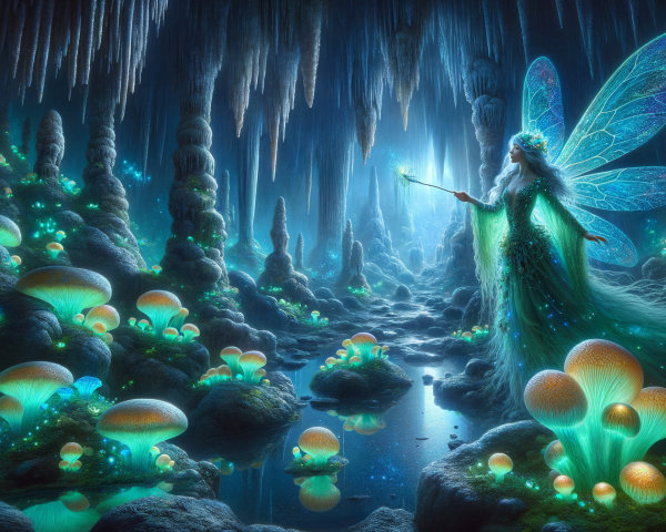 Ethereal Fairy in a Bioluminescent Cavern Scene