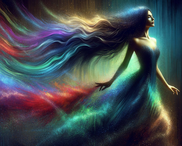 Graceful figure in flowing gown with vibrant colors