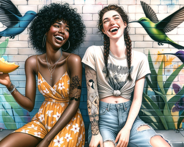 Women Enjoying Friendship by Colorful Mural