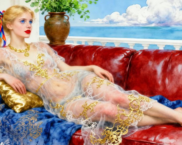 Watercolor painting of a woman on a red sofa