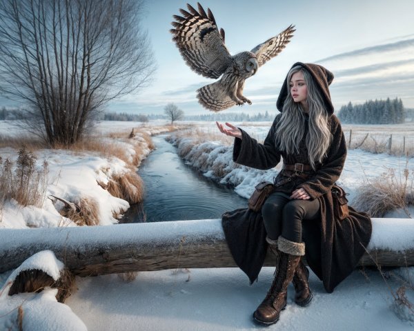 Young Woman in Winter Landscape with Owl and Stream