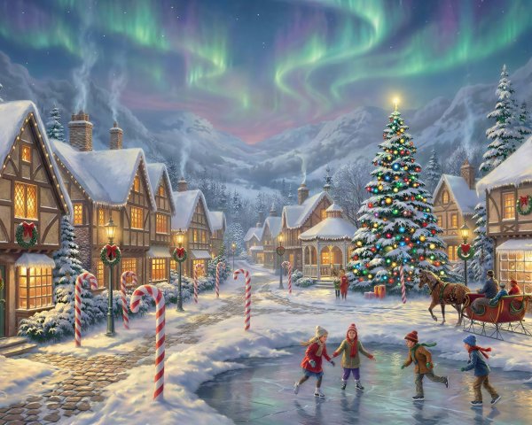 Charming Winter Village Scene with Christmas Decor