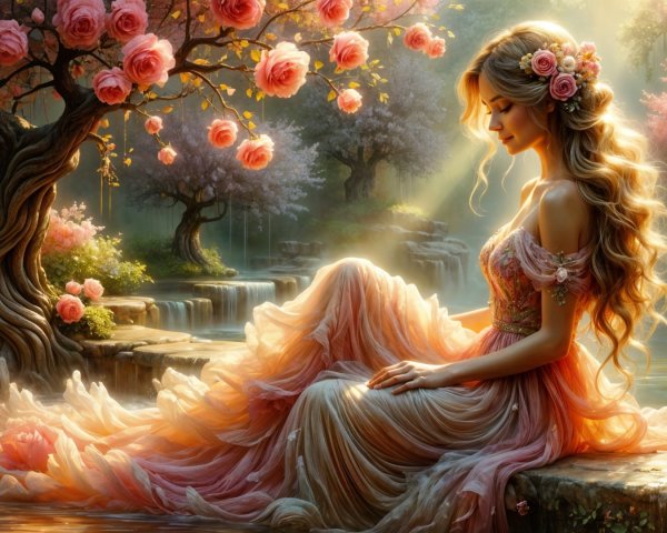Graceful woman by tranquil water and cherry blossoms