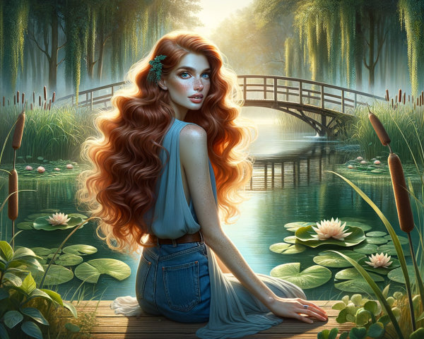 Serene Scene of Woman by Tranquil Water and Bridge
