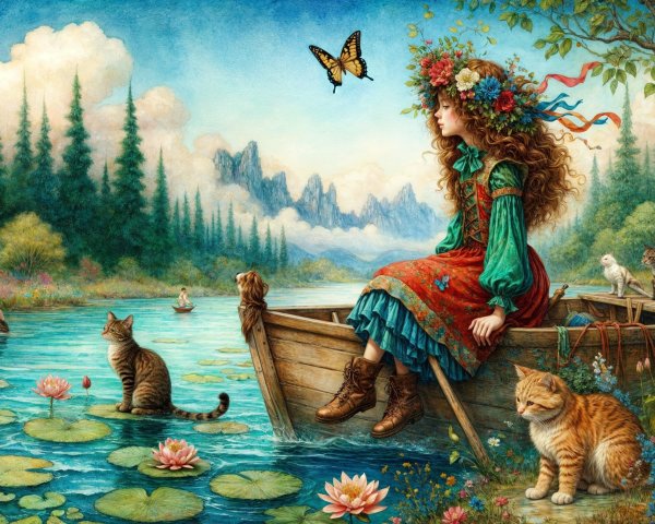 Young girl in floral crown on serene lake boat