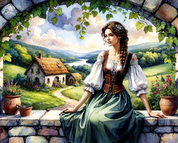 Young Woman in Rustic Cottage Surrounded by Nature