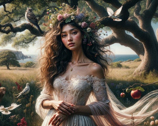 Young Woman in Floral Crown Surrounded by Nature