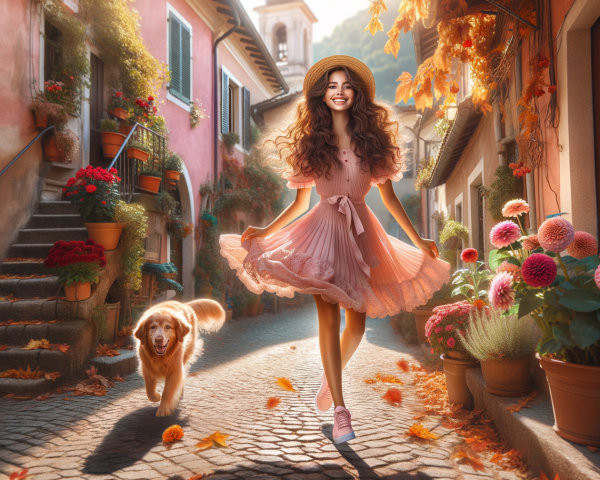 Cheerful Woman in Pink Dress on Cobblestone Street
