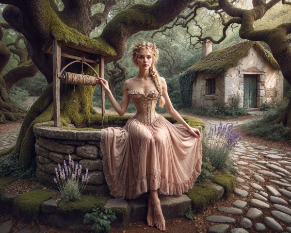 Serene Forest Scene with Young Woman by Stone Well
