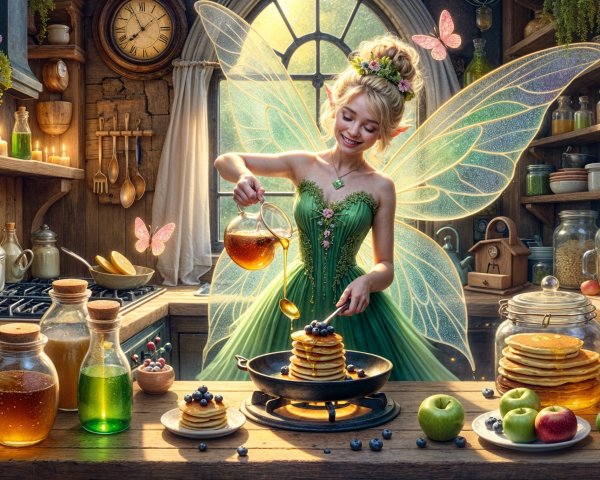 Whimsical Fairy in Kitchen with Colorful Ingredients
