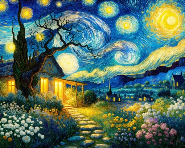 Cozy Cottage in a Whimsical Nighttime Landscape