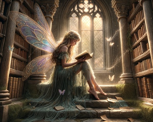 Fairy Reading in a Sunlit Magical Library Setting