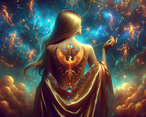 Ethereal Figure with Phoenix Tattoo and Celestial Scene
