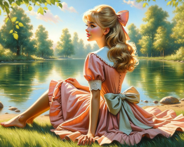 Young girl by tranquil river in lush greenery