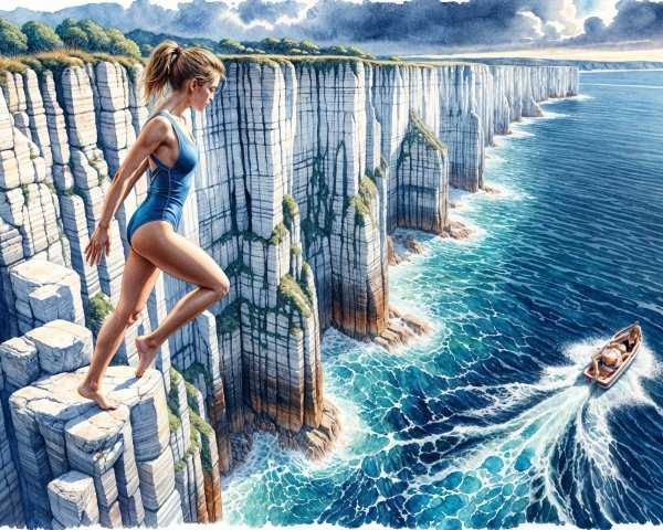 Young woman on cliff overlooking vibrant blue sea