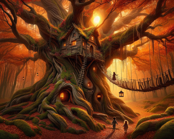 Ancient Tree with Treehouse in Vibrant Forest Setting