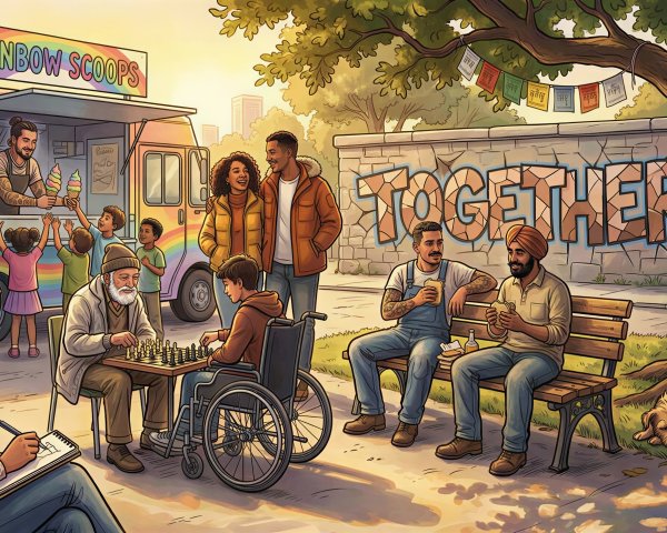 Vibrant Community Scene with Ice Cream Truck Activities