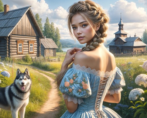 Young woman in blue dress in sunlit meadow with dog