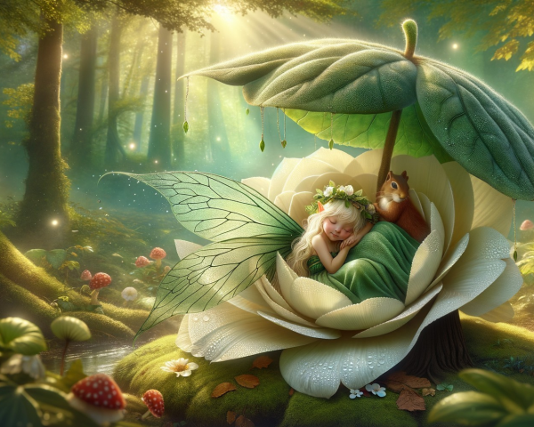 Fairy in Flower Surrounded by Forest Creatures