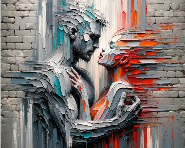 Abstract Embrace of Figures in Vibrant Paint Layers