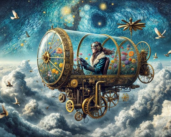 Whimsical Steampunk Airship in Celestial Sky