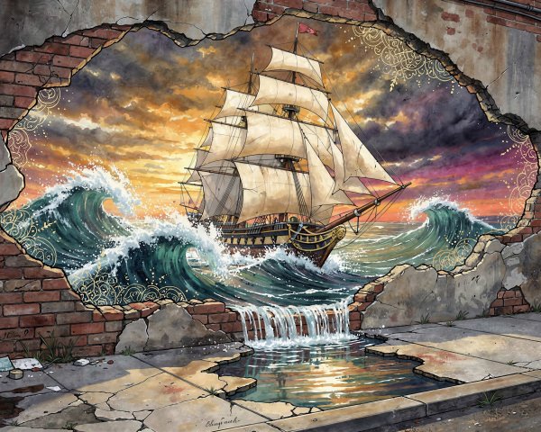 Colorful mural of a ship on a weathered brick wall