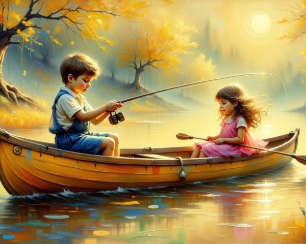 Children Fishing in a Wooden Boat on a Calm Lake