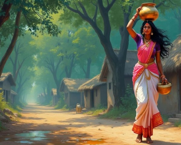 Woman in Traditional Attire on Village Pathway