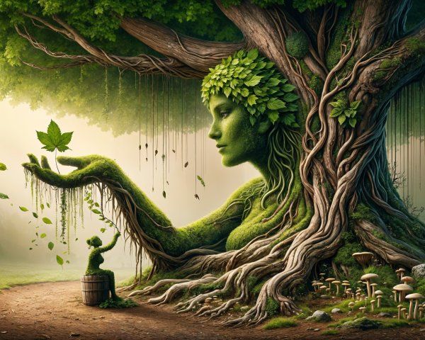 Majestic Tree with Woman's Face and Nature Elements