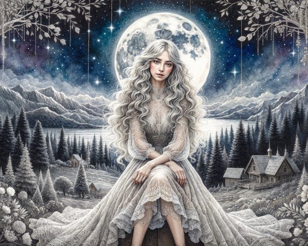 Young Woman in Lace Gown Under Glowing Moonlight