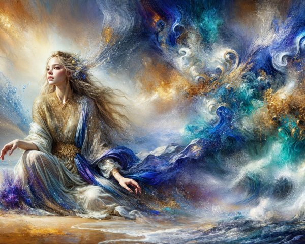 Serene Figure on Shoreline with Vibrant Sky and Waves