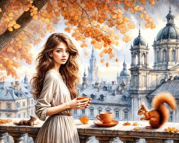 Young woman on balcony with tea and autumn leaves