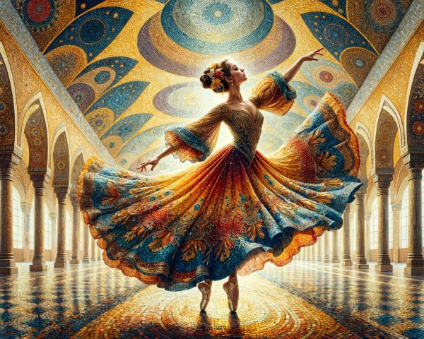 Dancer in Vibrant Gown Amidst Majestic Architecture