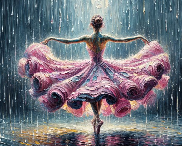Dancer in Pink Dress Twirling in Rainy Atmosphere