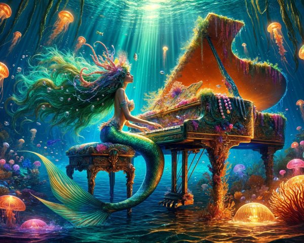 Underwater Scene of a Mermaid Playing a Piano