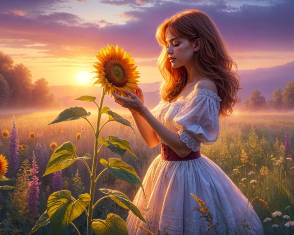 Young Woman in White Dress in Sunflower Field at Sunset
