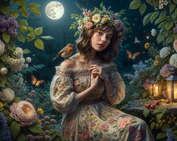 Moonlit Garden Scene with Floral Crown and Lanterns