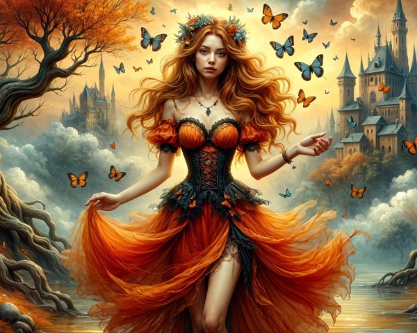 Woman in Orange Gown in Enchanted Landscape Scene