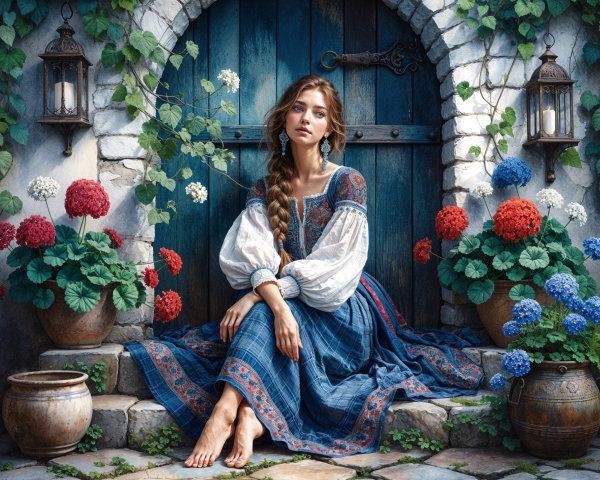 Young Woman in Traditional Dress on Stone Steps