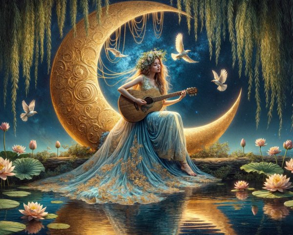 Woman Playing Guitar by Crescent Moon and Water Lilies