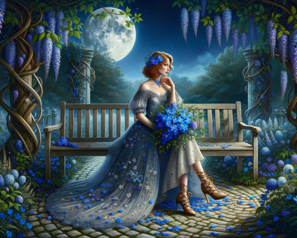 Moonlit Garden Scene with Woman in Blue Gown