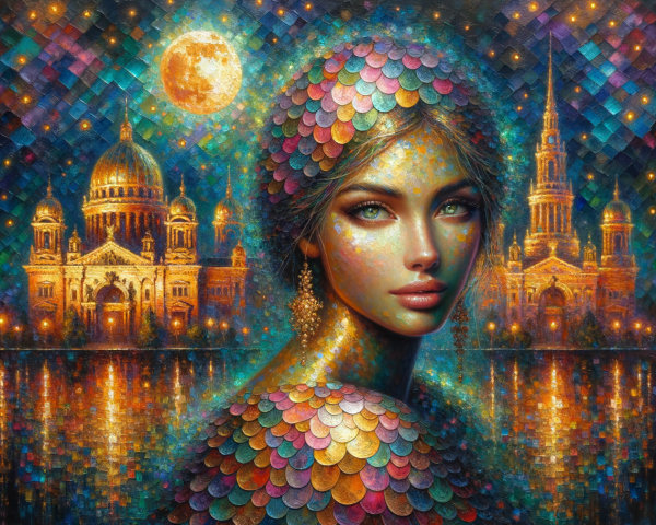 Enchanting Woman in Dreamy Cityscape at Night