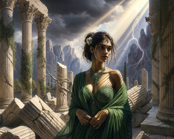 Mysterious Woman in Green Gown Among Ancient Ruins