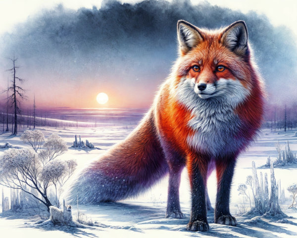 Red Fox in Snowy Landscape at Sunset