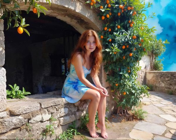 Young Woman in Light Dress by Stone Archway and Foliage
