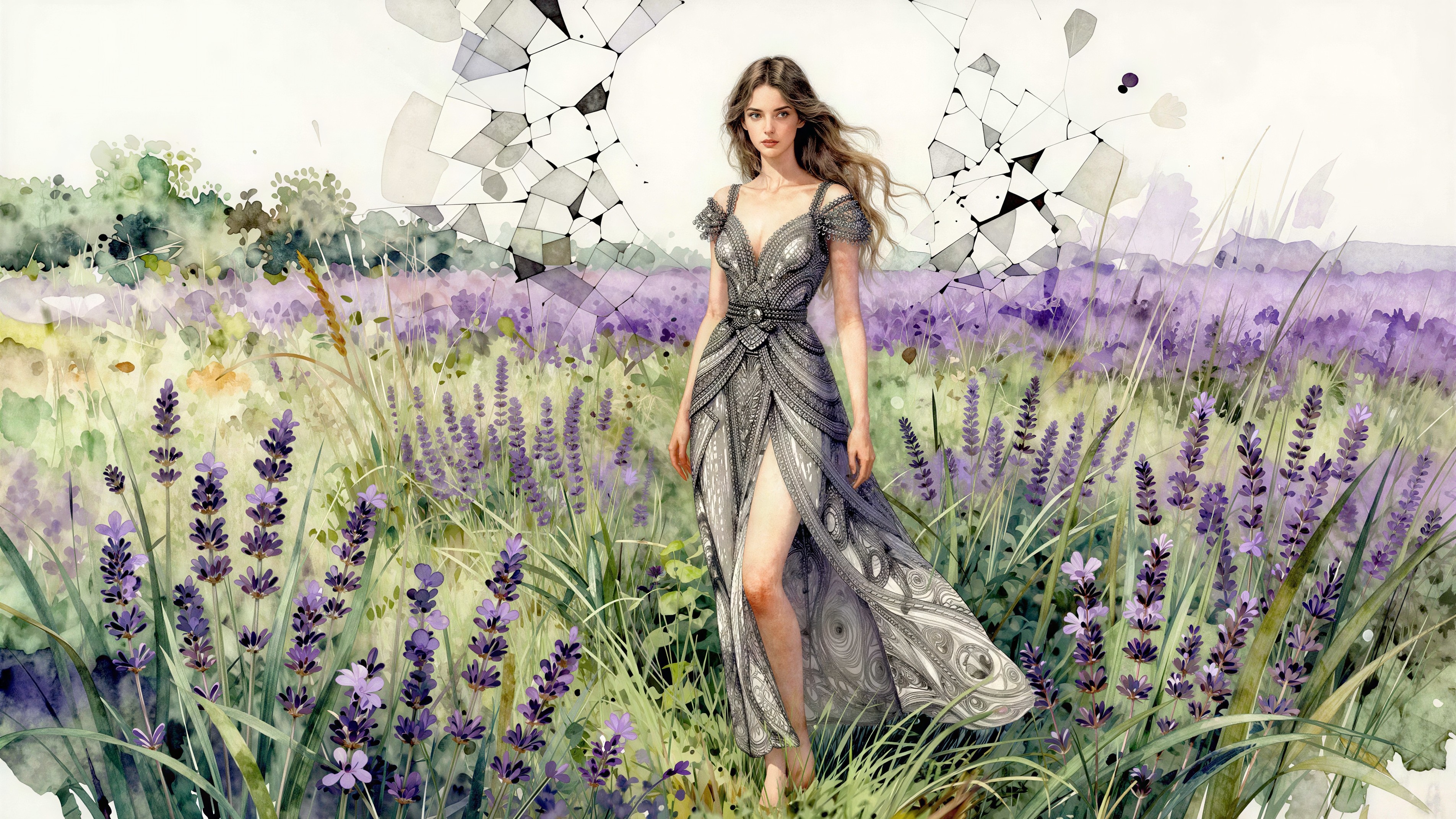 Watercolor of a woman in a lavender field landscape