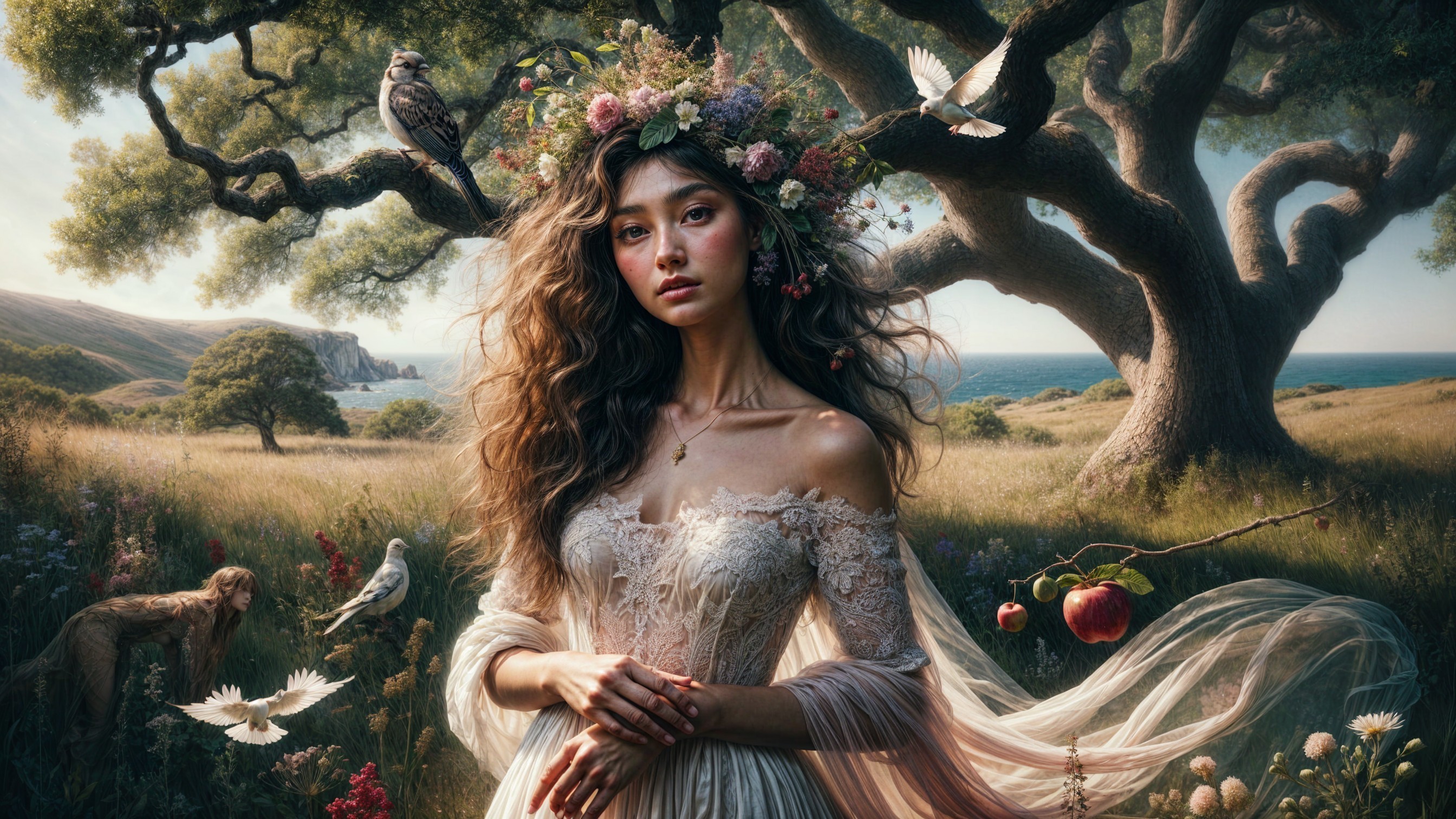 Young Woman in Floral Crown Surrounded by Nature